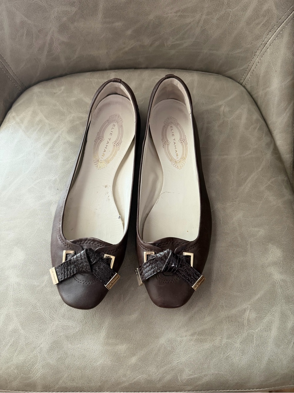 Elie Tahari Dark Brown Leather Bow Trim Flats